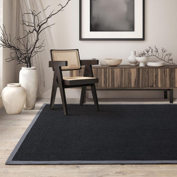 Sisal Modern Plain Cotton Border Natural-Fibre Ribbed Textured Flatweave Black/Steel Grey Rug-Asiatic Carpets-Rug Love - The Most Loved Rug Store